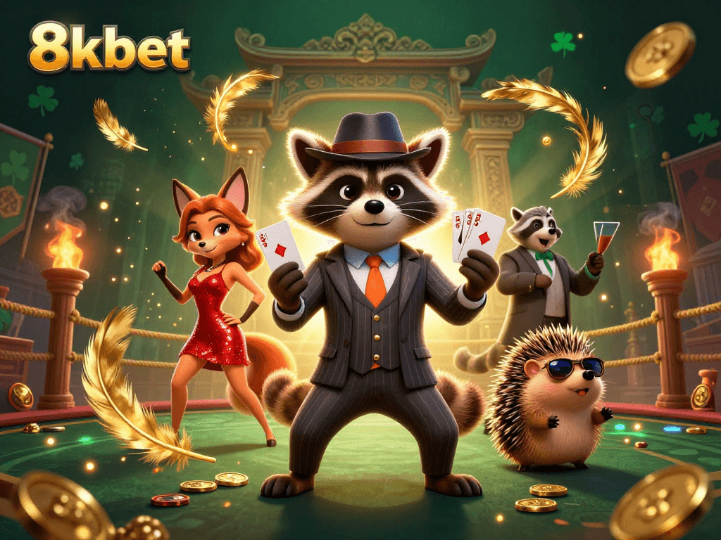 Experience thrilling gaming at 8xbet with characters enjoying a vibrant casino atmosphere