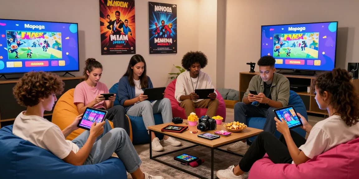 Group enjoying mobile porn ganes in a vibrant gaming lounge