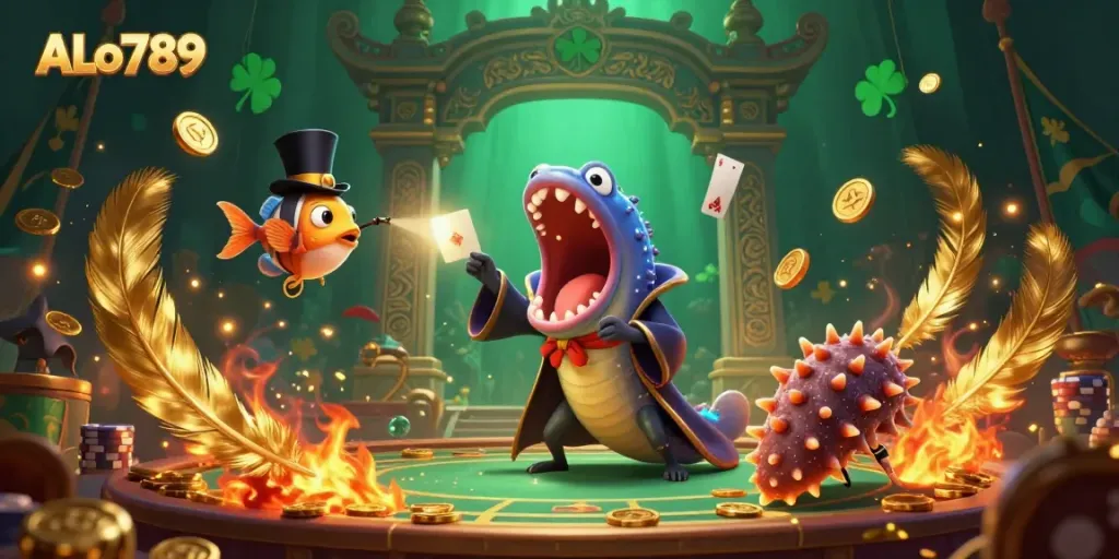 Experience thrilling card tricks at ALo789's dynamic gambling arena featuring unique sea creatures as performers.