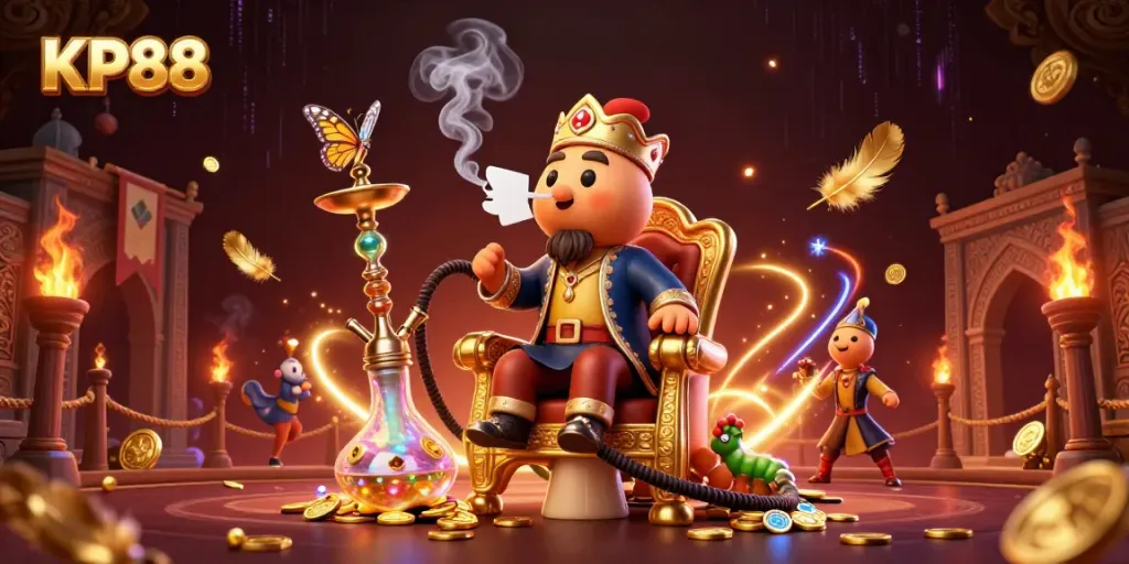 Immerse in KP88's vibrant gaming world with a whimsical caterpillar in a lavish scene.