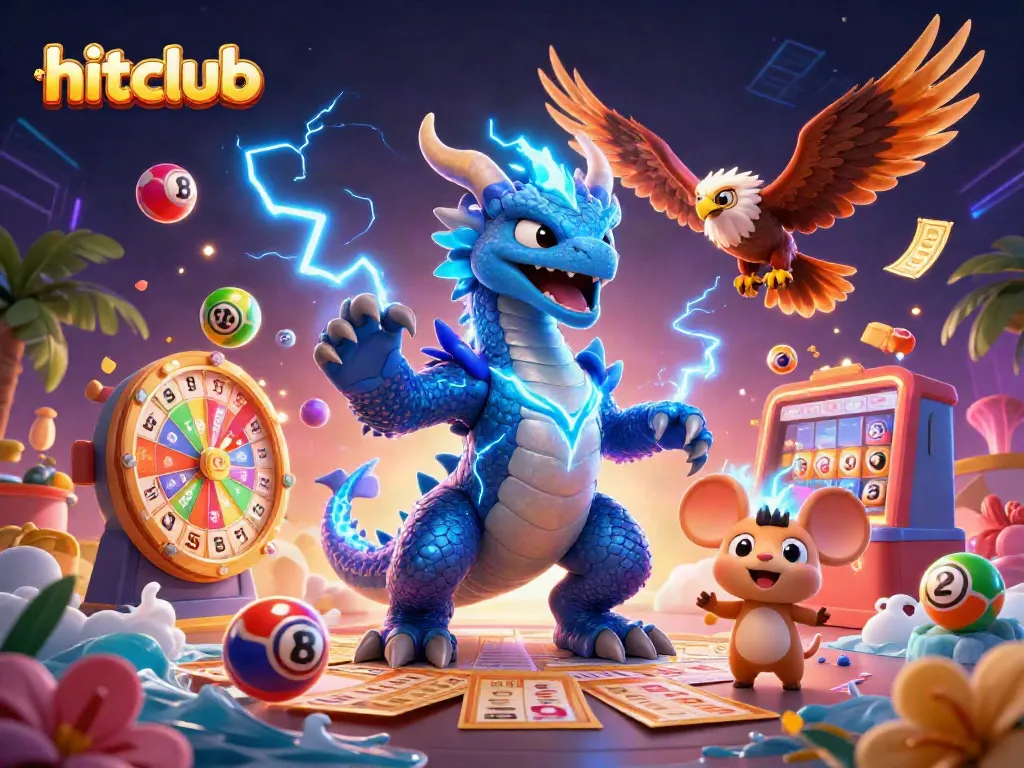Experience the thrill at hitclub with vibrant lottery balls, a thunder dragon, and exciting prizes.