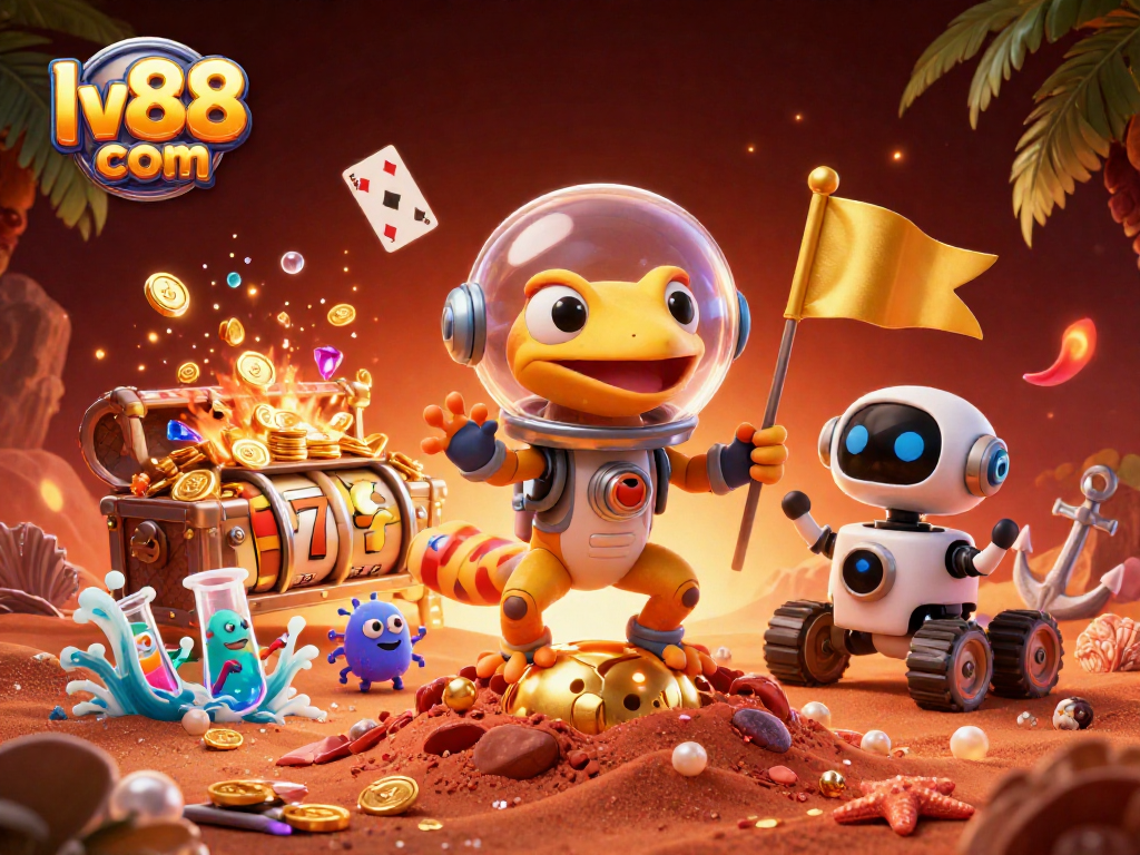 Spin and win at lv88 com with vibrant casino exploration alongside cartoon Martian characters.