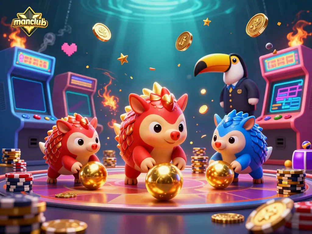 manclub competition between cartoon pangolins in a dynamic casino scene with poker chips and game machines