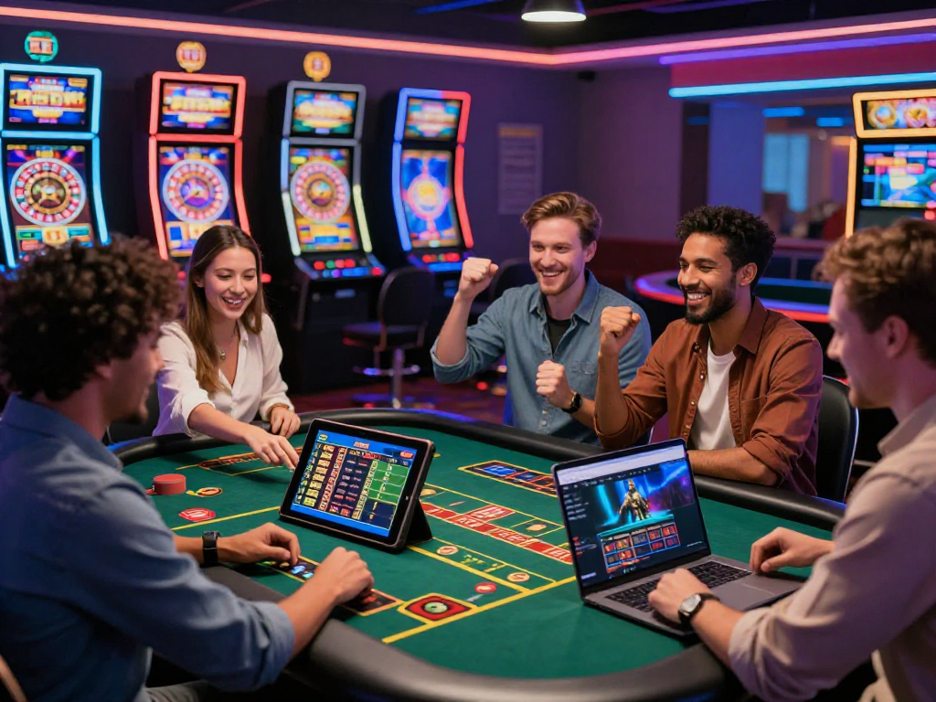 Giocatori felici nei migliori casino non AAMS durante una sessione di gioco dal vivo, circondati da slot e ruote della roulette illuminate.