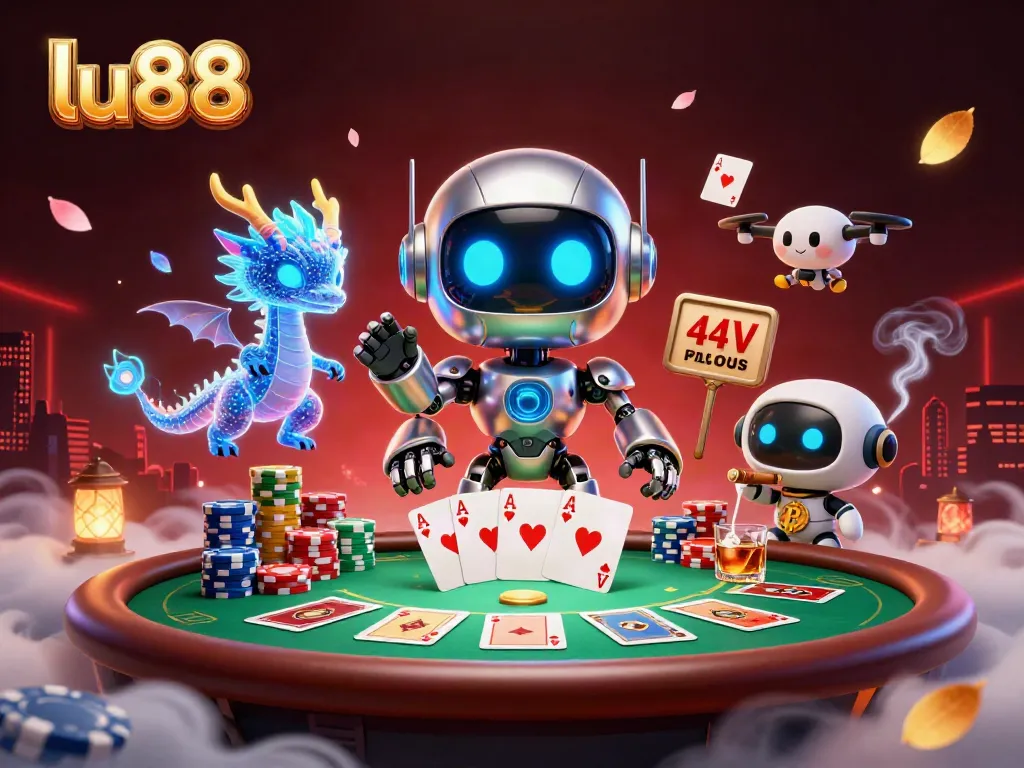Join the excitement at lu88 with a vibrant 3D casino scene showcasing poker chips and characters.