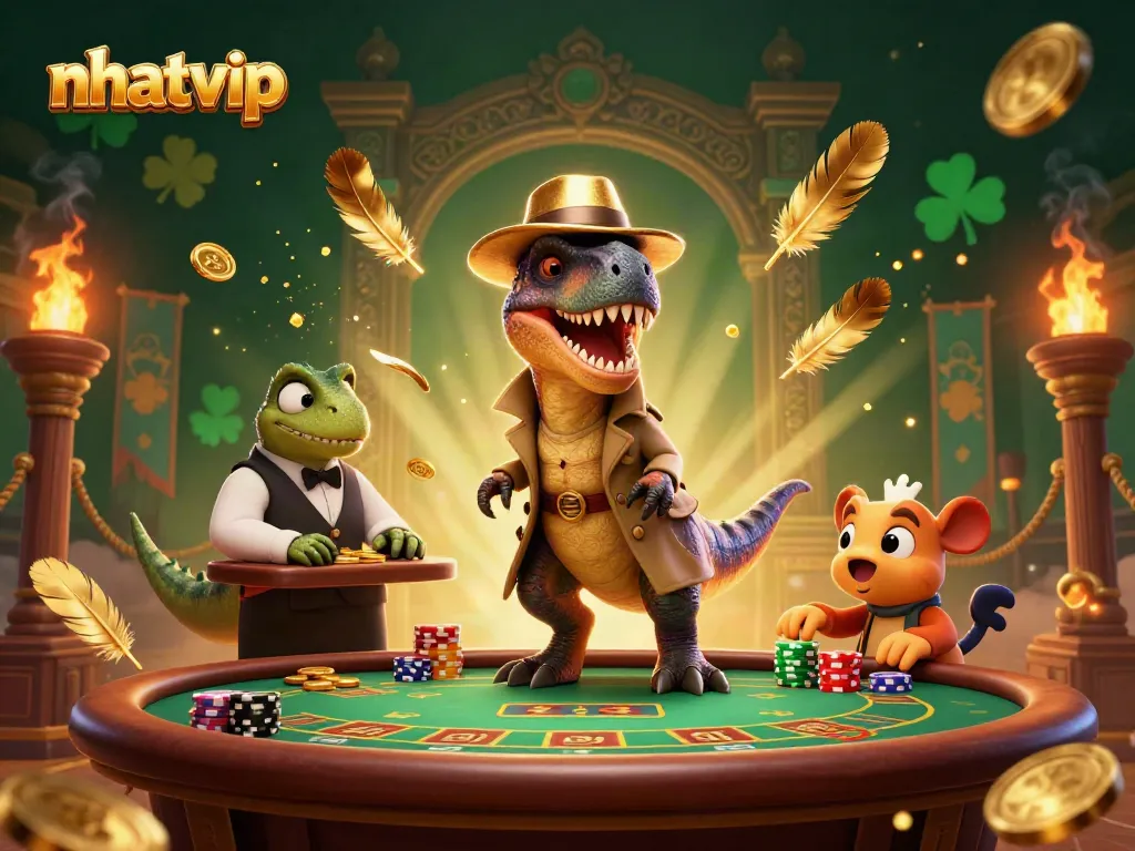 Nhatvip card counter velociraptor at a blackjack table surrounded by vibrant casino elements.