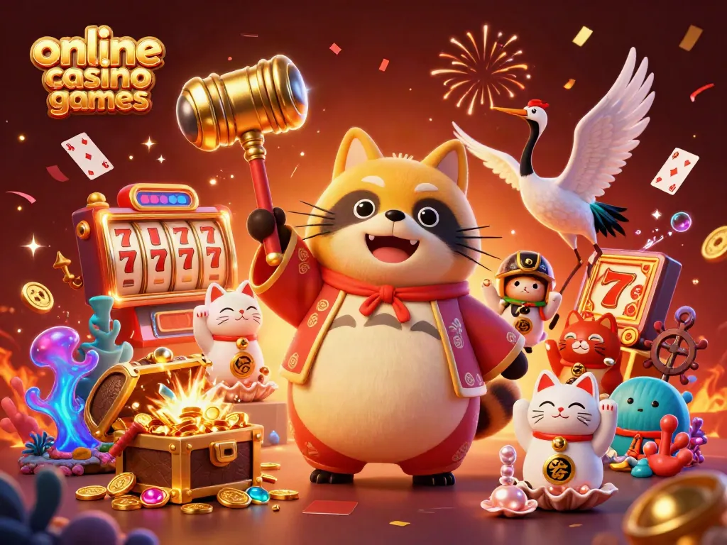 Experience thrilling online casino games with a cheerful tanuki and samurai crane in an energetic, vivid scene.
