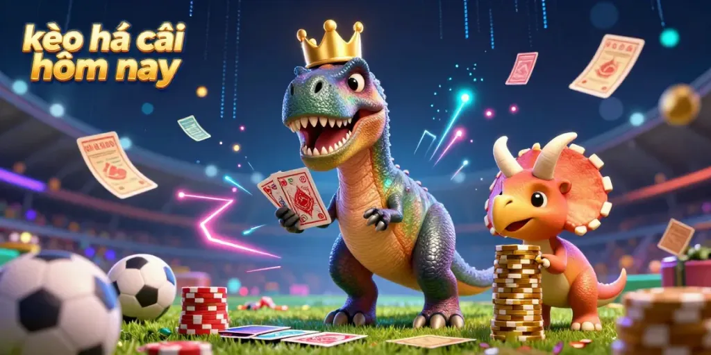 Place bets on kèo nhà cái hôm nay while a T-Rex and friends prepare cards and chips in a lively scene.