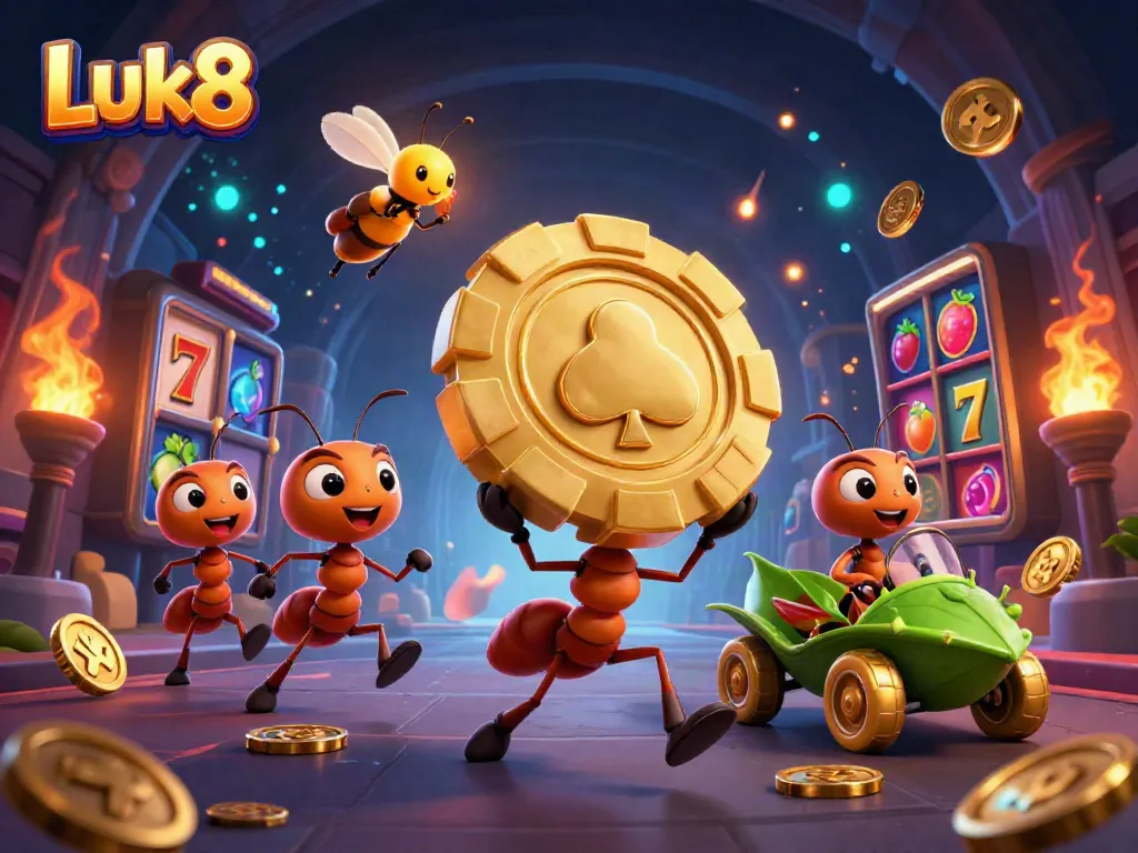 Luk8 team of ants heisting a giant poker chip with casino elements in a vibrant, animated scene.