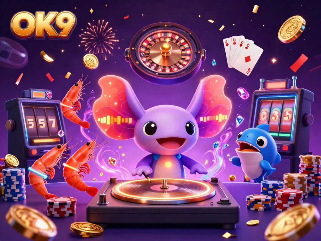 Experience the excitement of OK9 casino with a vibrant 3D casino scene featuring lively characters and game elements.
