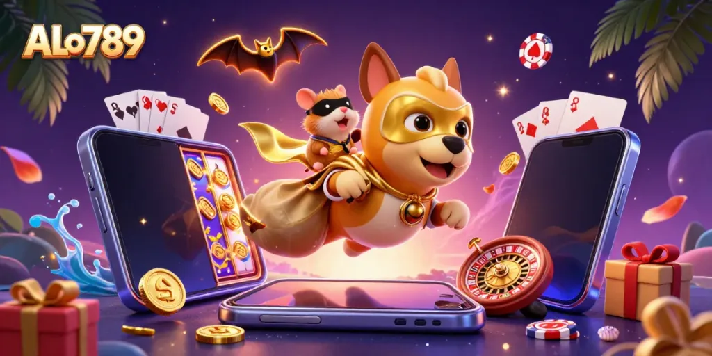 Experience thrilling gameplay at ALo789 with a superhero dog and sidekick in an exciting casino world.