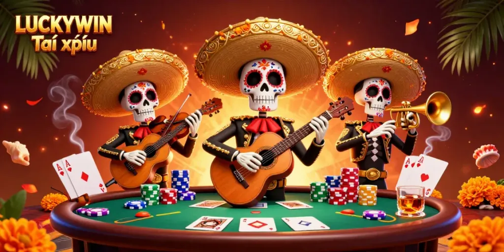 Engage in LUCKYWIN Tài xỉu gameplay with vibrant mariachi characters and poker elements.