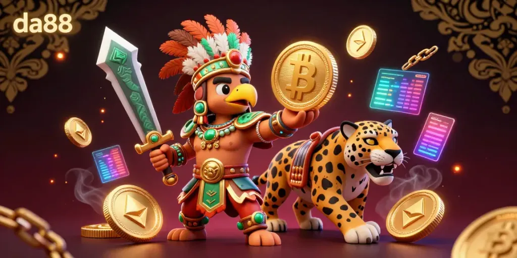 Engage with the vibrant da88 casino atmosphere featuring colorful 3D characters and glowing crypto elements.