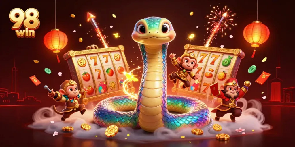 Join the thrilling action at 98 win with vibrant characters and casino elements in a dynamic 3D illustration.