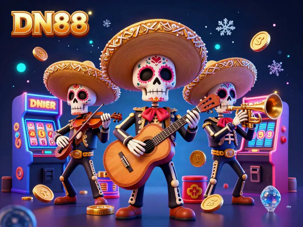 Experience vibrant casino gaming with DN88's Day of the Dead mariachi band and colorful 3D elements.