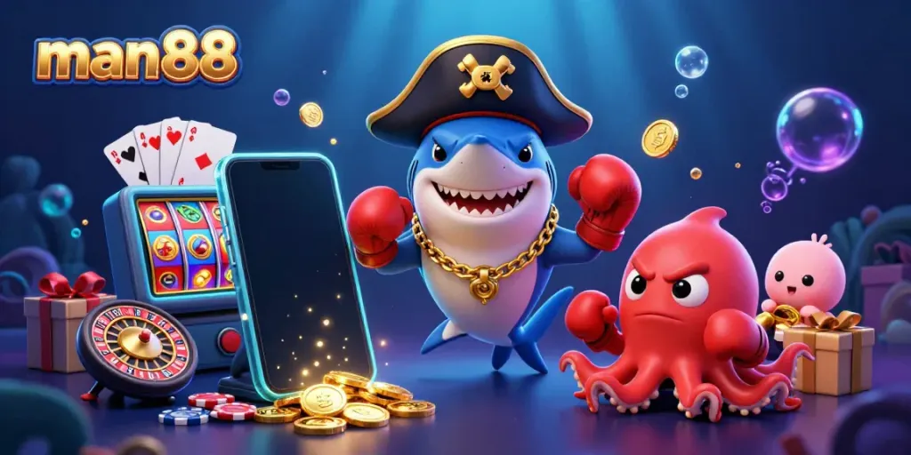 Experience the thrill of man88 with a vibrant 3D scene featuring a smiling pirate shark, boxing pufferfish, and octopus holding gold coins, amidst exciting casino elements.