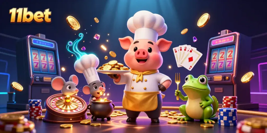 Engage with 11bet's exciting casino experience through golden coins and enchanting characters.
