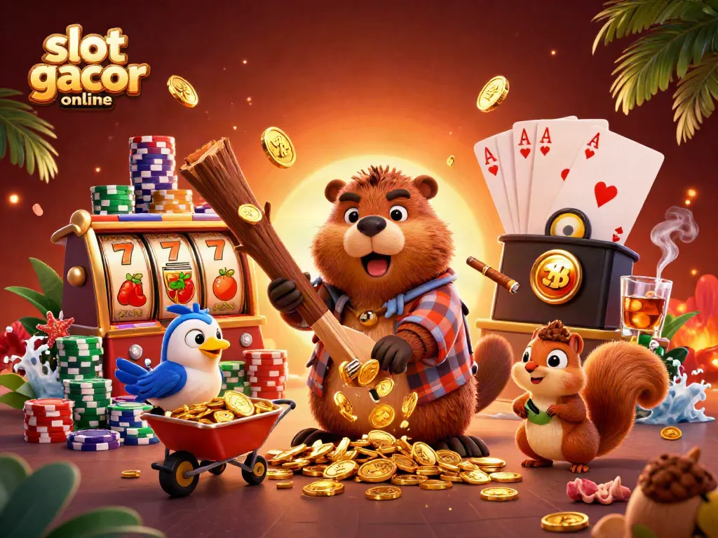 Experience slot gacor online excitement with a beaver collecting golden coins amidst a vibrant 3D casino scene.