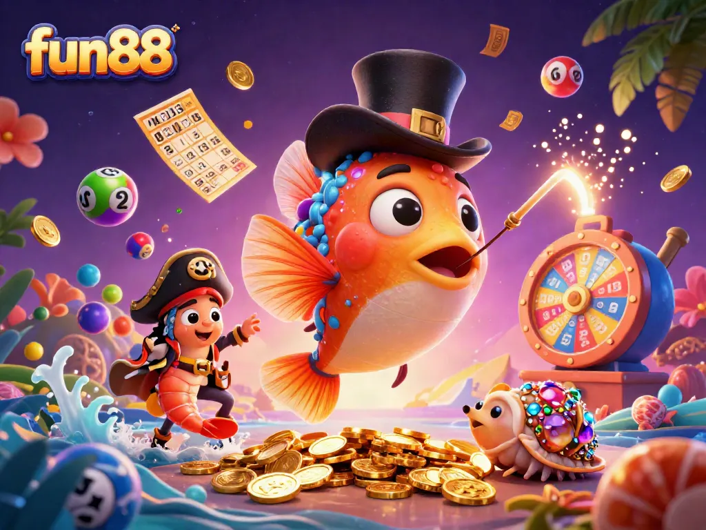 Experience exceptional fun88 gaming with vibrant characters and exciting lottery elements in this dynamic illustration.