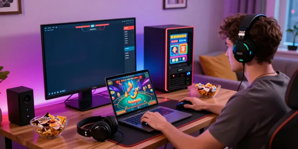 Player enjoying live casino games on the A80 platform with vibrant graphics and cozy gaming setup.