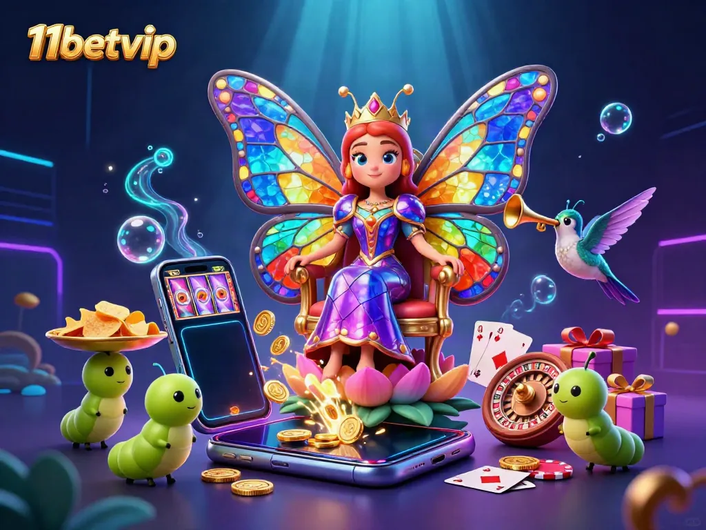 Experience dynamic gameplay at 11betvip with the colorful 3D casino themed illustration showcasing vibrant slot games and a butterfly queen.