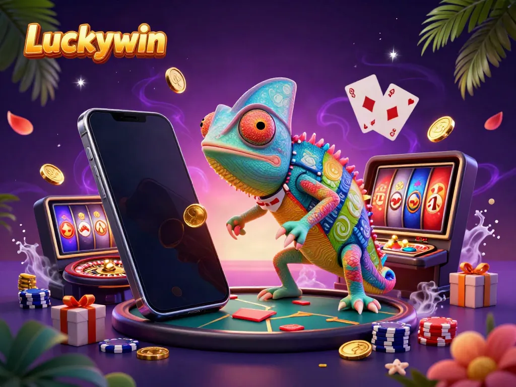 Experience the excitement of Luckywin with a vibrant chameleon casino owner surrounded by dynamic game elements.