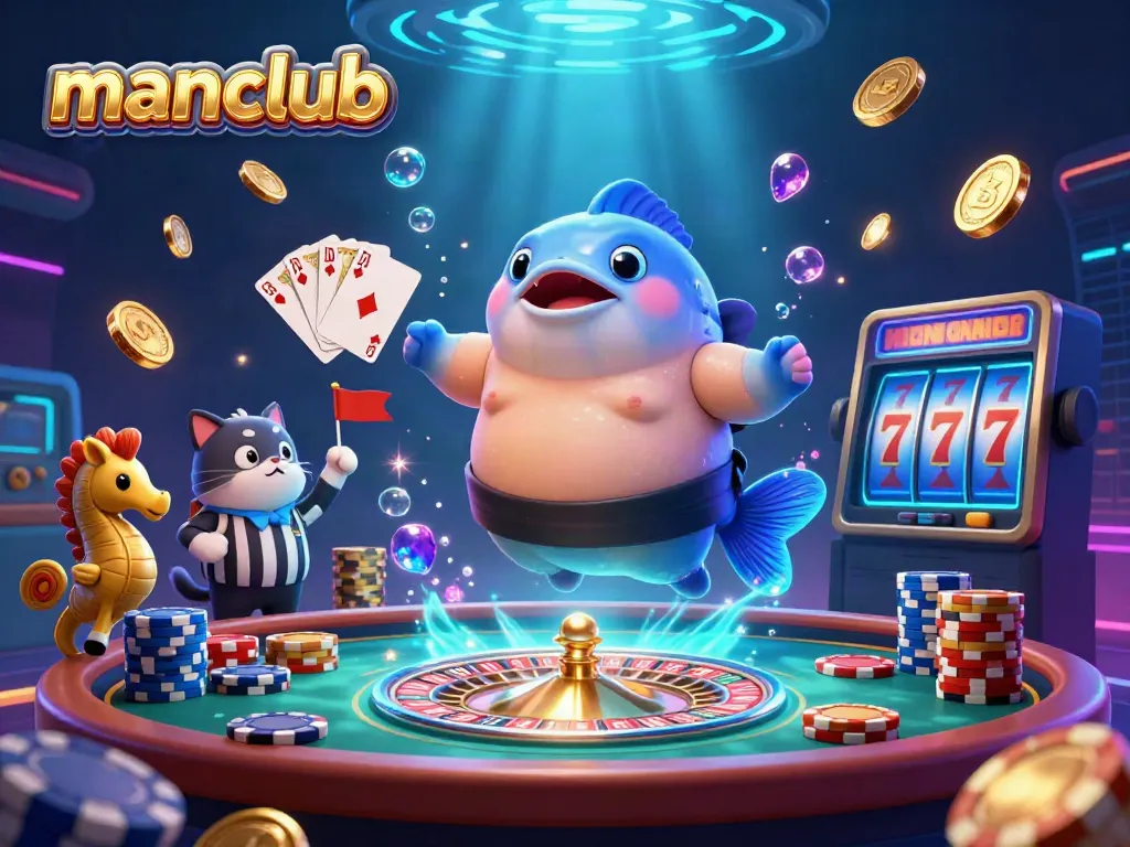 Engage in thrilling gameplay with manclub's vibrant underwater casino scene featuring a giant fugu, catfish referee, and exciting game elements.