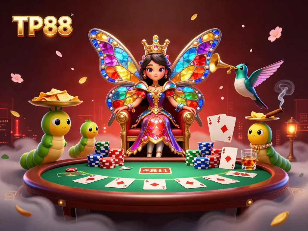 Experience the vibrant casino scene with TP88's butterfly queen presiding over poker games and dazzling chips.