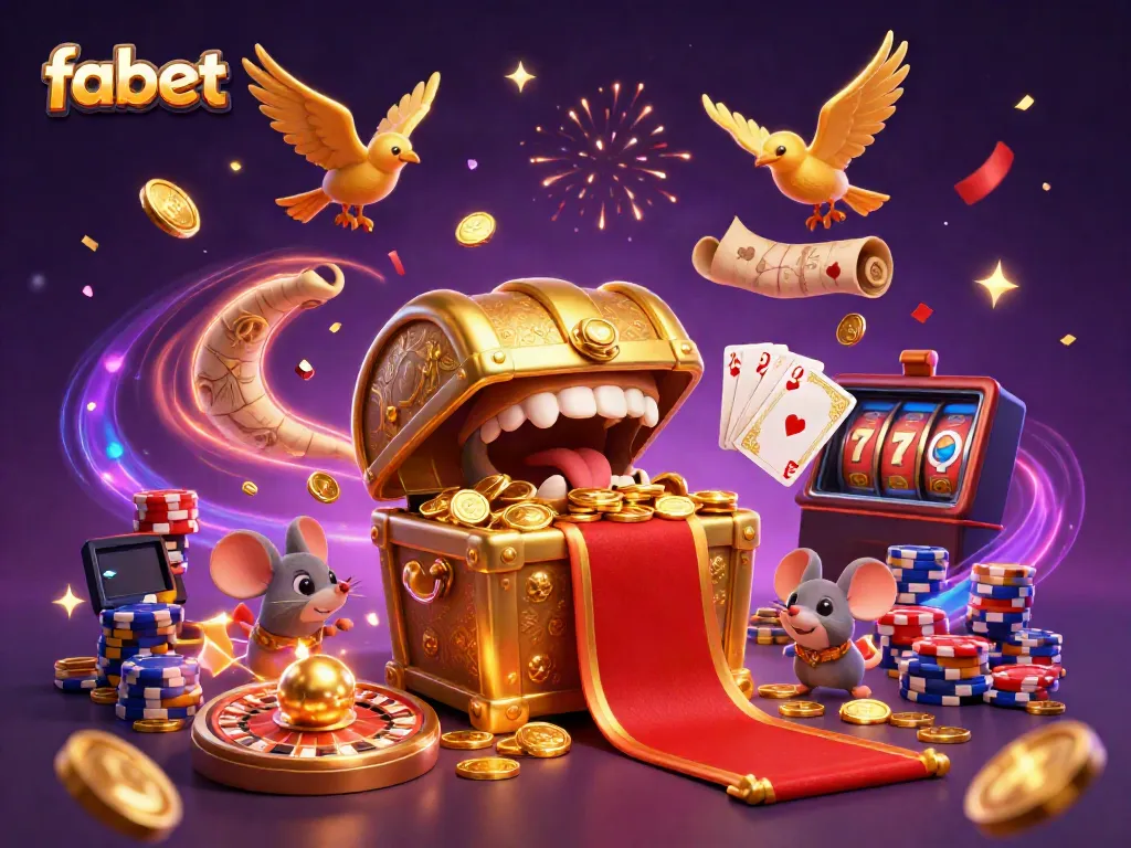 Experience thrilling adventures at fabet with cartoon treasure chests, coins, and dynamic casino elements.