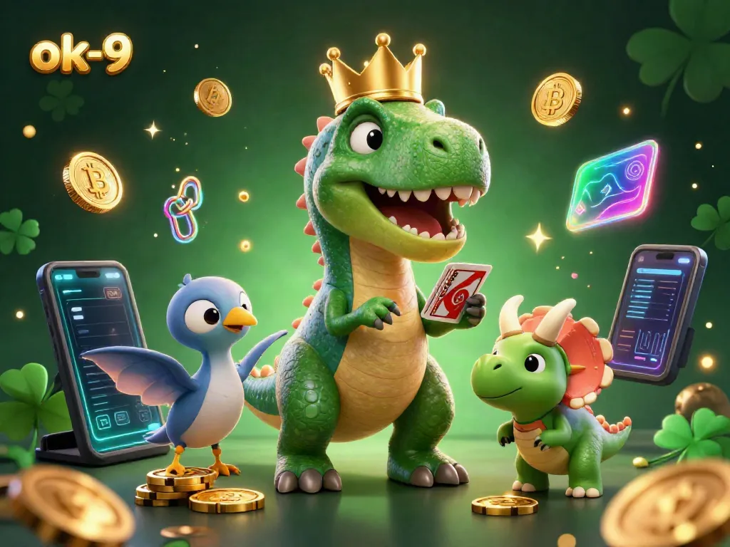 Engage with thrilling gameplay at ok-9 with a fun dinosaur theme featuring card shuffling, golden chips, and vibrant crypto elements.