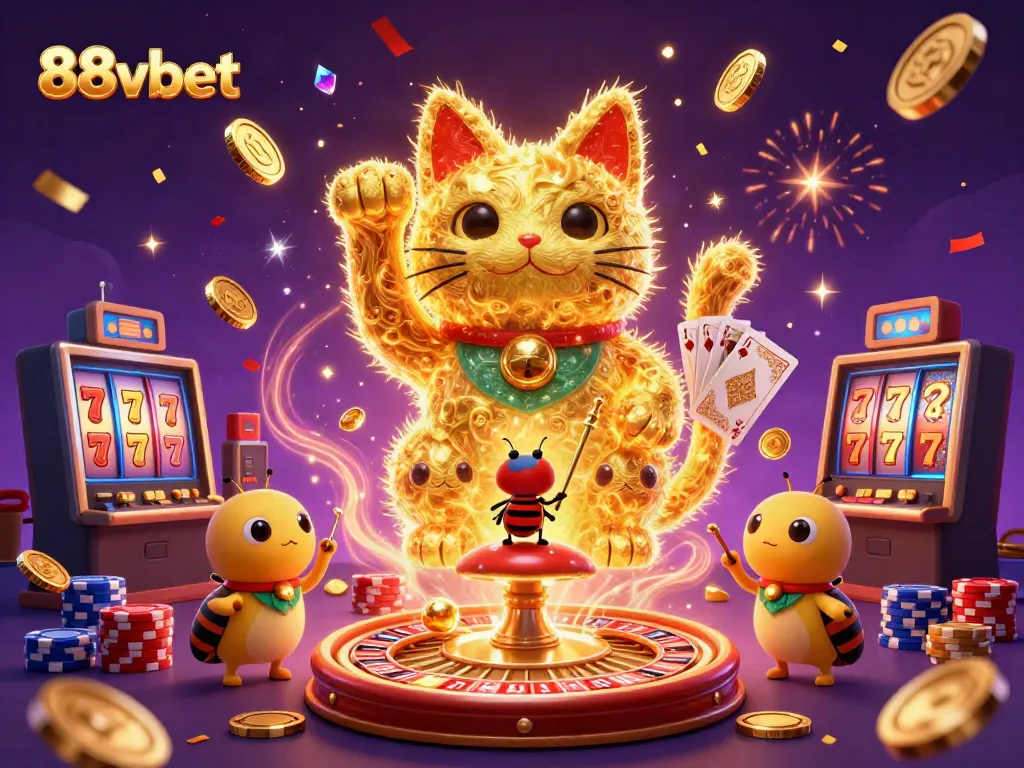 Experience the vibrant world of 88vbet with a playful lucky cat formed by golden fireflies amidst casino symbols.