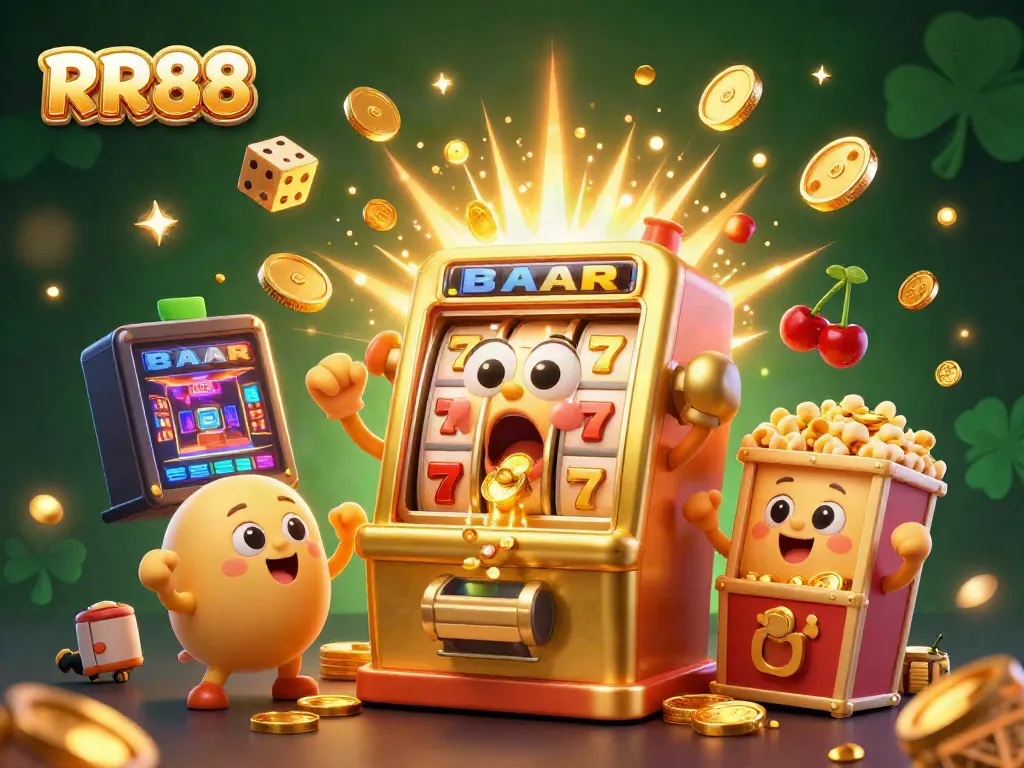 RR88 slot machine celebrates jackpot win with vibrant coins and cheering characters in a dynamic casino scene.