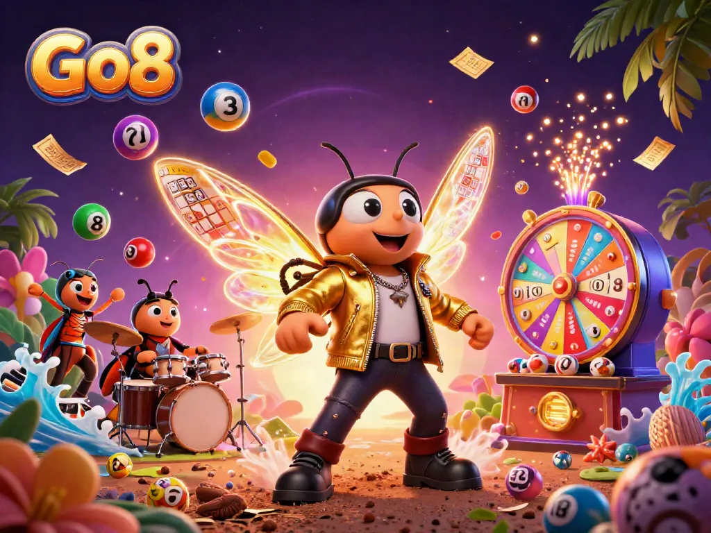 Engage with Go8 in an exciting lottery-themed casino scene featuring vibrant characters and elements.