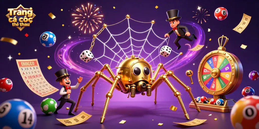 Engaging illustration of Trang cá cược thể thao depicting a steampunk spider with sports elements, showcasing excitement.