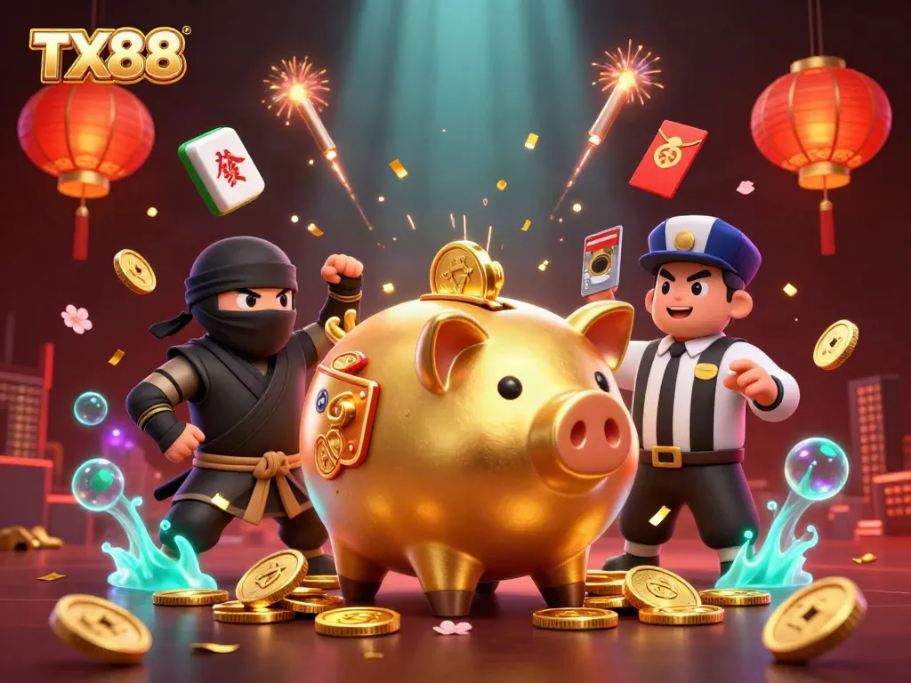 TX88 online casino scene featuring a golden piggy bank sumo wrestler with coins flying everywhere, embodying excitement.