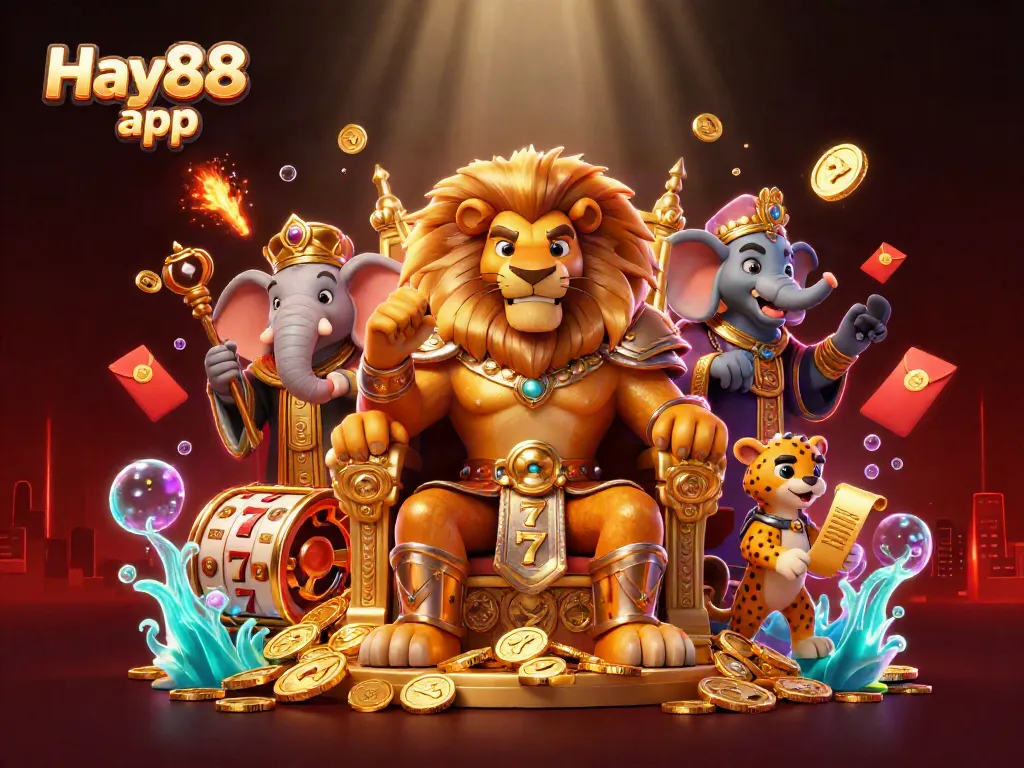 Experience excitement with the Hay88 app, a vibrant casino scene featuring dynamic slots and lively characters.