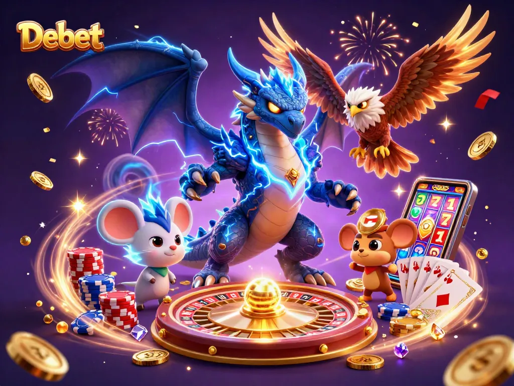Debet showcases thrilling slots with dynamic coins and cards in an electrifying scene of excitement.
