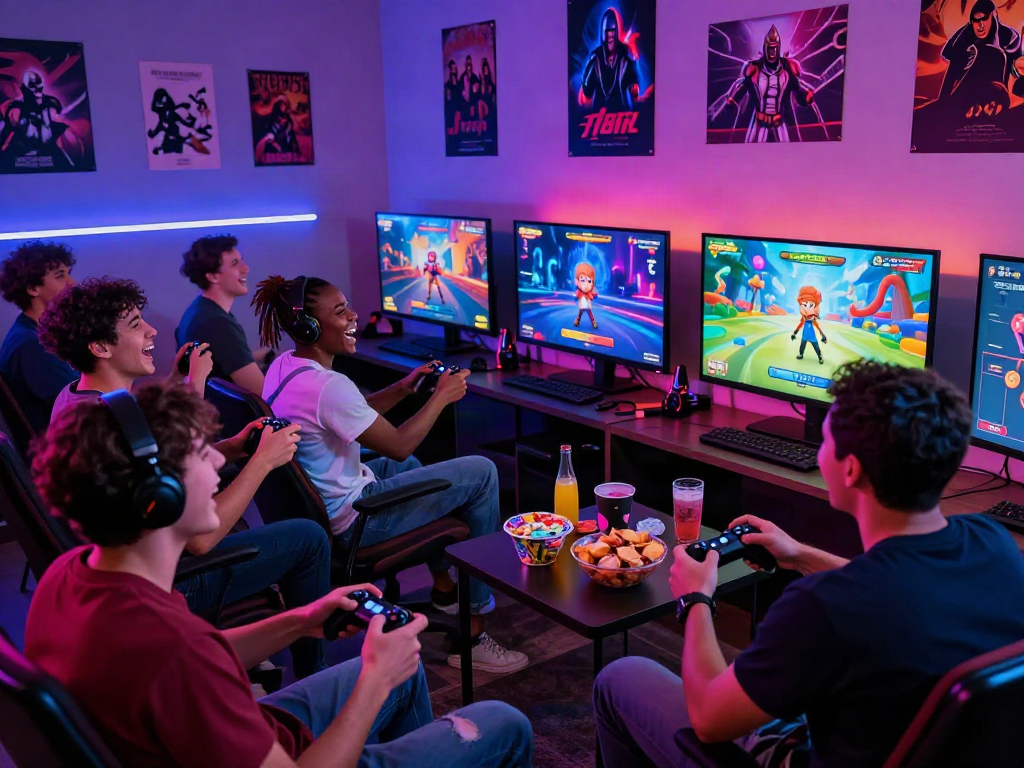 Group of friends enjoying popular porn games together in a vibrant gaming room with snacks and LED lights.