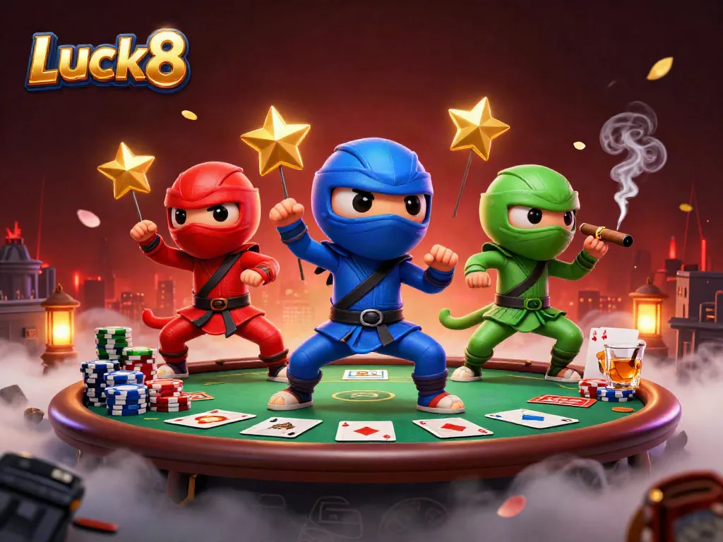 Luck8 showcases a vibrant scene with chameleon ninjas revealing their poker skills amid dynamic casino elements.