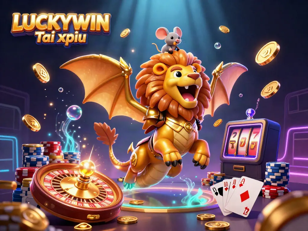 Win big with LUCKYWIN Tài xỉu in this dynamic 3D casino scene filled with vibrant elements.