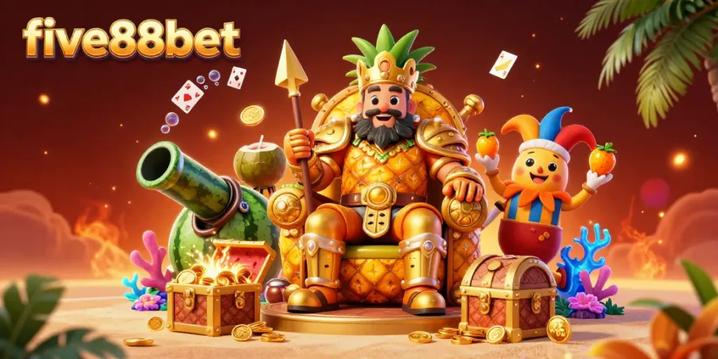 Engage in thrilling gameplay at five88bet with the golden pineapple king and vibrant beach casino scene.