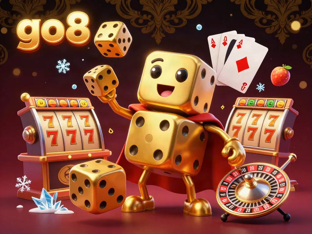Roll the dice with go 8 in a vibrant casino scene filled with dynamic slot elements and colorful characters.