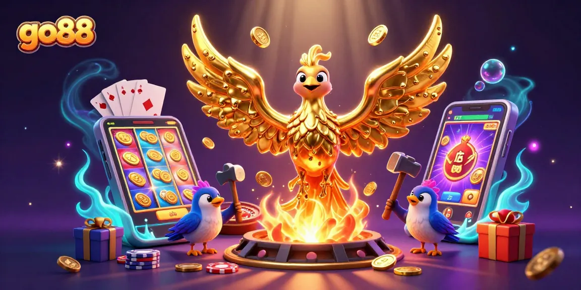 Play exciting casino games at go88 with a golden phoenix and vibrant slot machines.