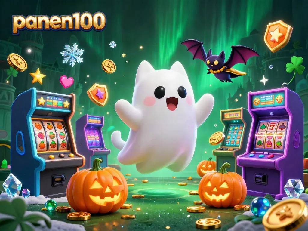Engage with panen100 as a ghost cat and bat explore the haunted casino, surrounded by slot machine excitement.