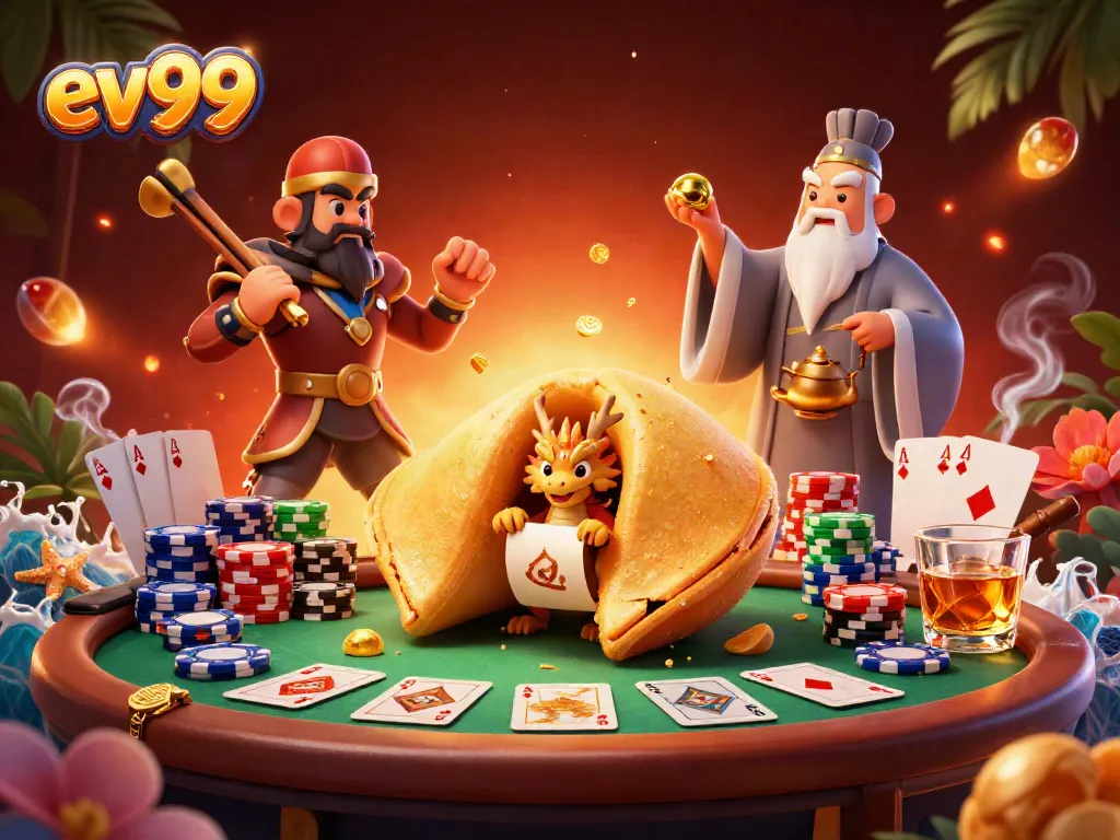 Experience the excitement of ev99 with a colorful casino scene featuring a golden fortune cookie and chip stacks.