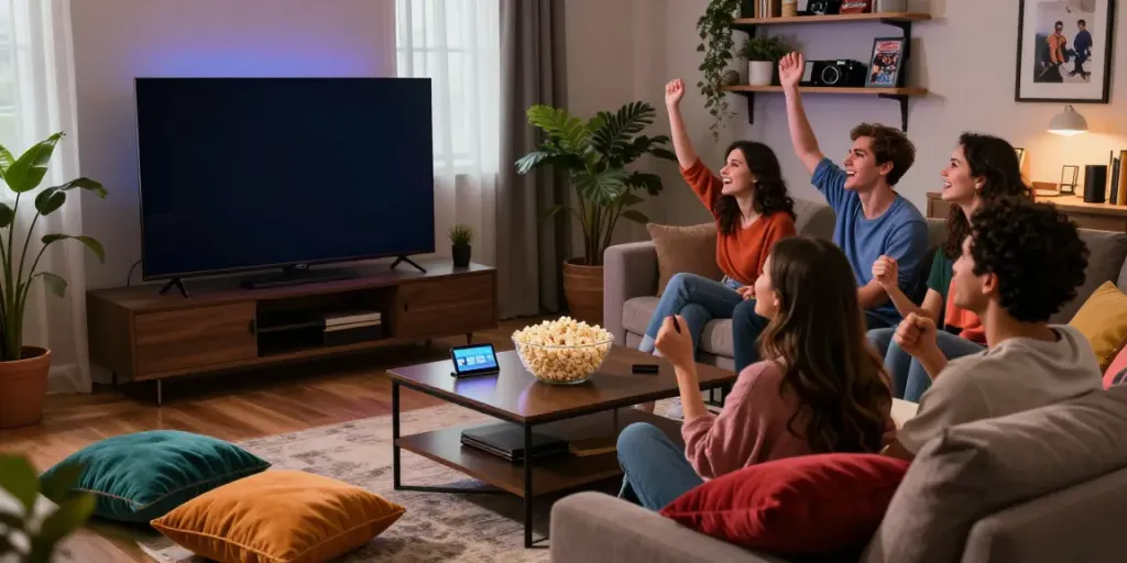 Friends enjoying a movie night while using the Cocoflix app on a smartphone in a cozy living room setting.