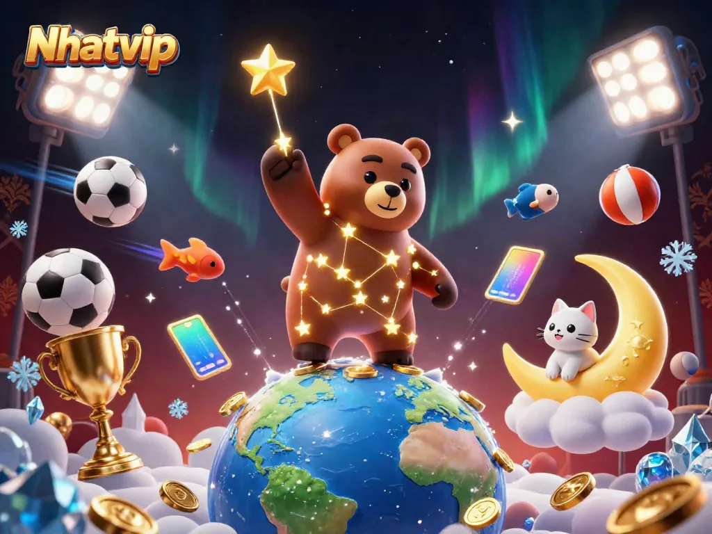 Nhatvip offers a vibrant online gaming experience with dynamic sports-themed elements and a stunning celestial bear.