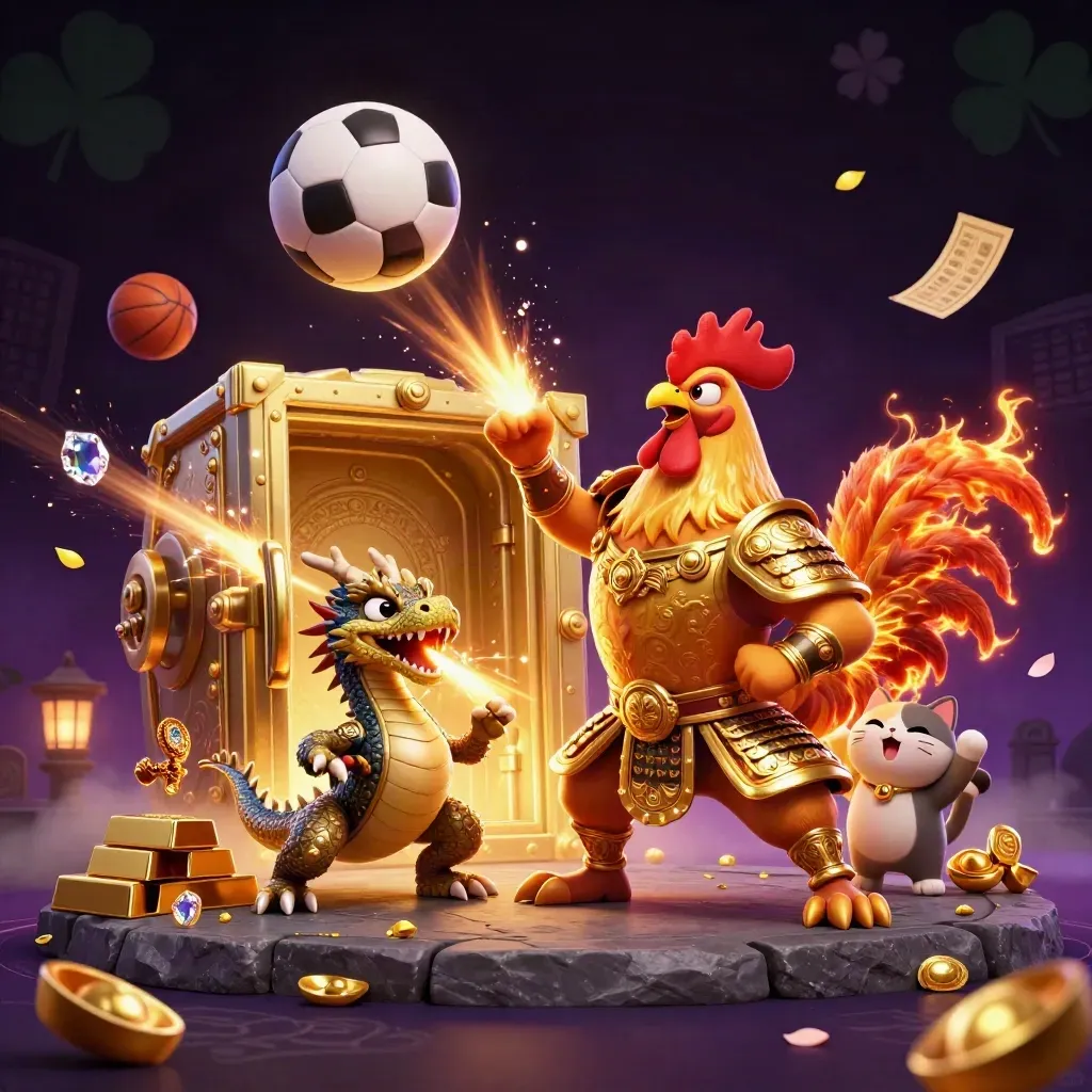 Rooster samurai, dragon hatchling, and fortune cat amid a gold vault, balls, sparks, and casino magic.