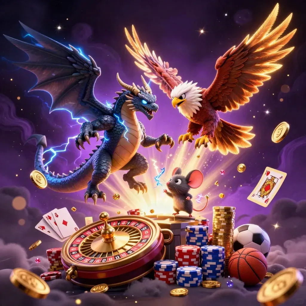 Thunder dragon, wind hawk, and static mouse amid gold coins, cards, chips, and storm light.