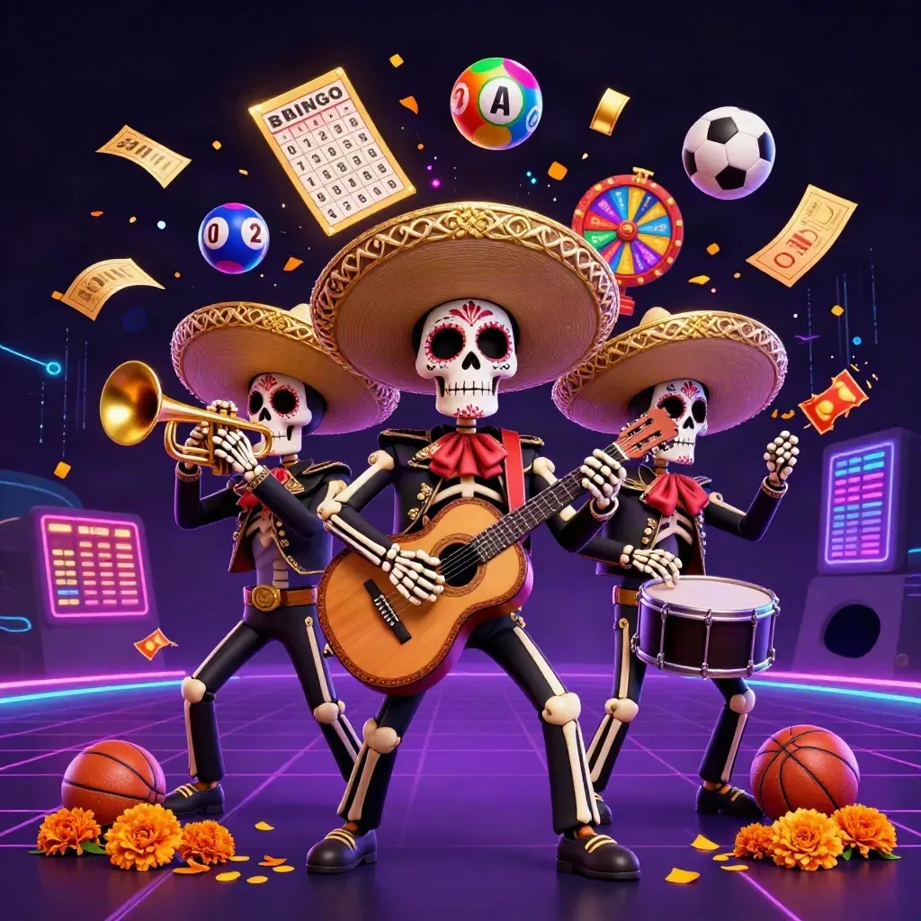 Skeleton mariachi trio amid casino game bursts in a dark neon gold and purple frame.